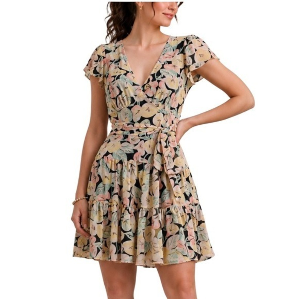 NWT Lauren Ralph Lauren Floral Georgette Tiered Faux Wrap Dress Black Multi 12